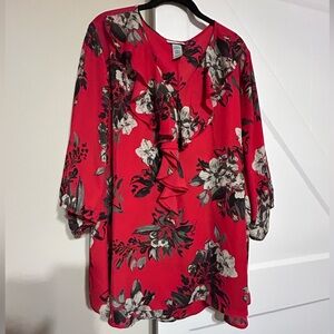 Catherines Red Floral Ruffle Front Mid Sleeve Blouse